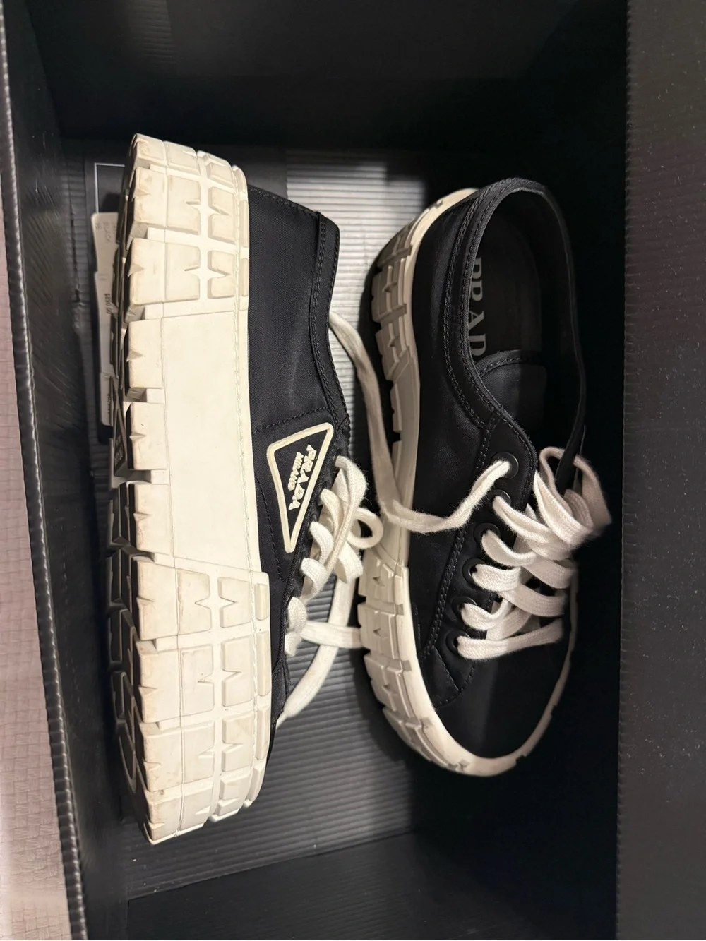 Prada Black Nylon Low-Top Sneakers with White Platform Sole